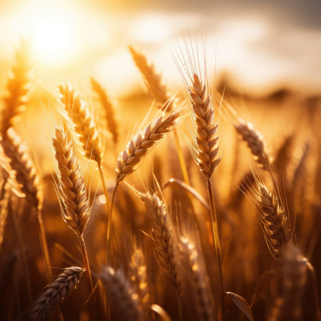 Ripening spikelets of a wheat field in bright sunlight. macro focusの素材