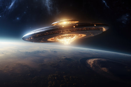 UFO, flying saucer over the planet Earth in high resolution. Photo from space.の素材