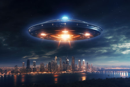 UFO over the night city with aliens visiting the planet Earthの素材