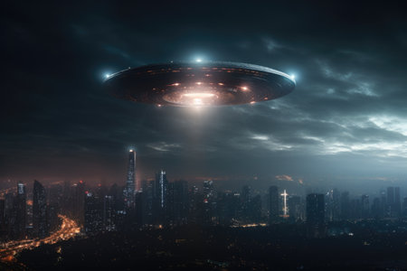 UFO over the night city with aliens visiting the planet Earthの素材