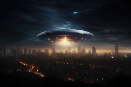 UFO over the night city with aliens visiting the planet Earthの素材