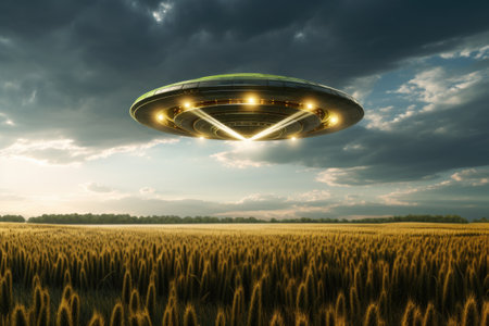 Flying saucer, UFO, over a green wheat fieldの素材