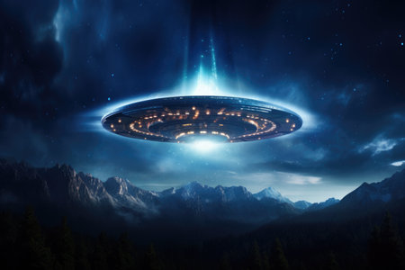 Image of a UFO hovering over the forest at nightの素材