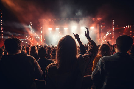 concert crowd silhouette in front of bright stage lights. Dark background, smoke, concert spotlights, night clubの素材