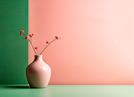 Pink vase with flowers, on a green table. Place for text. Minimal styleの素材