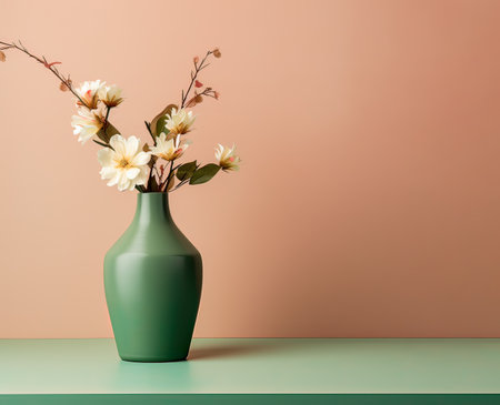 Green minimal scene vase with flowers, on a pink background. Place for textの素材