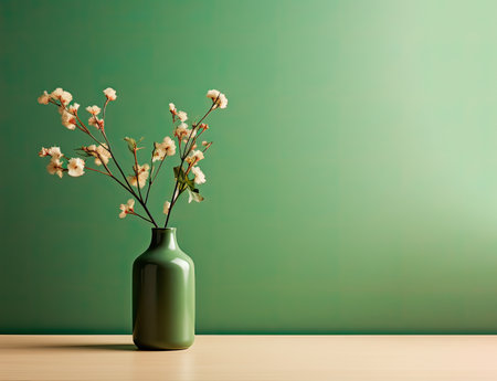 Green minimal scene vase with flowers, on a pink background. Place for textの素材