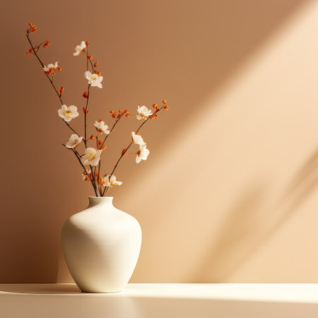 White vase, on a beige background. Place for text. minimalismの素材