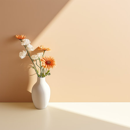 White vase, on a beige background. Place for text. minimalismの素材