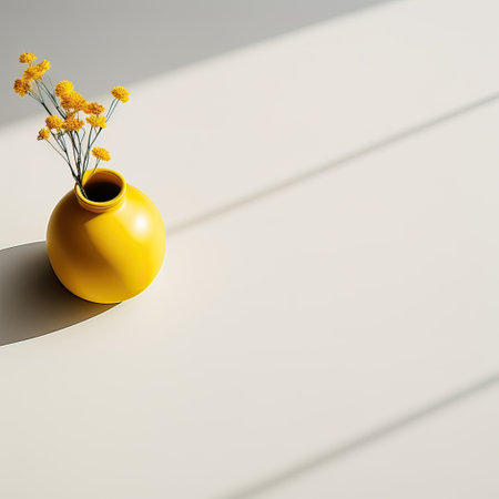 Yellow vase with flowers, on a white background. Place for text. minimalismの素材