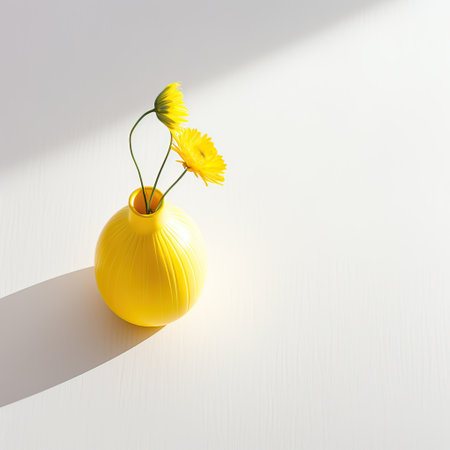Yellow vase with flowers, on a white background. Place for text. minimalismの素材