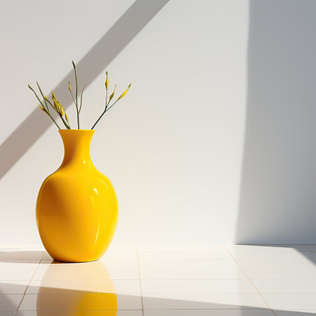 Yellow vase with flowers, on a white background. Place for text. minimalismの素材