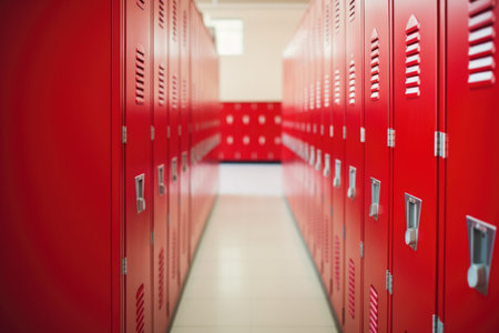 close up on red lockers in the schoolの素材