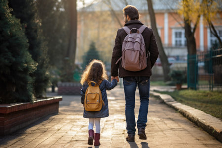 first day at school. father leads a little child school girl in first gradeの素材