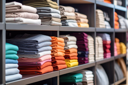 Various color T-shirts at shelf, colorful shirts folded in store.の素材