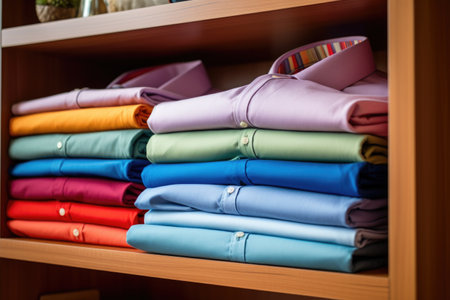 Various color T-shirts at shelf, colorful shirts folded in store.の素材