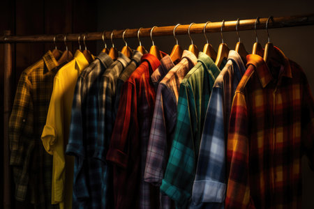 Multi-colored clothes hang on tremplels in the store. Selling clothes in a store.の素材
