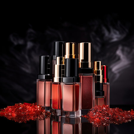 Bottles of red perfume on a dark backgroundの素材