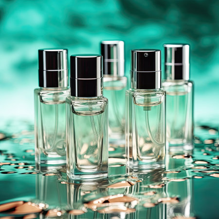 Perfume bottles on a turquoise background. Cosmetics.の素材