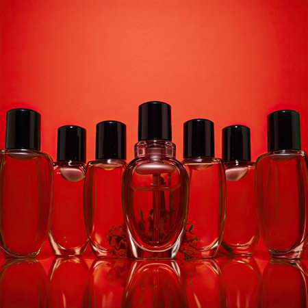 Various cosmetics in red bottles. On a red background.の素材