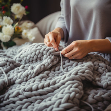 Women's hands knit a warm blanket. Handmade. Textured blanket in a large knit with chunky thread, comfortable soft woven materialの素材