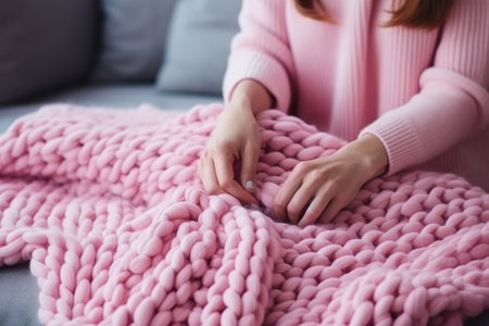 Women's hands knit a warm blanket. Handmade. Textured blanket in a large knit with chunky thread, comfortable soft woven materialの素材