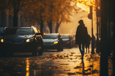 Blurred image of an autumn city street after rain in the eveningの素材