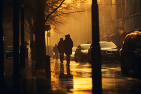 Blurred image of an autumn city street after rain in the eveningの素材