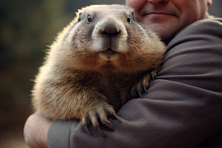 A marmot sits on a man's arms. Groundhog day conceptの素材