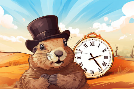 Groundhog day. Groundhog icoming out from burrow. Cartoon graphics.の素材