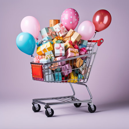 Grocery cart with gifts and boxesの素材