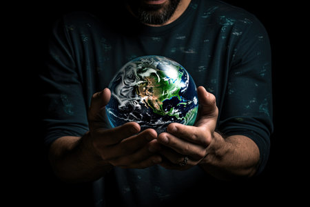 Environment day concept. Planet earth in human hands.の素材