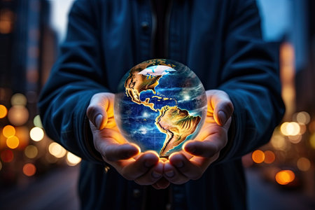 Environment day concept. Planet earth in human hands.の素材