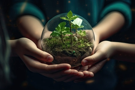 World Environment Day concept: human hands holding globe and tree on blurred green nature background.の素材