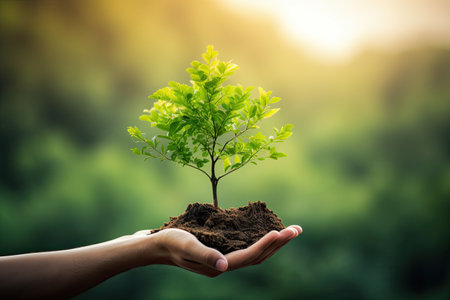 World environment day concept: Human hands holding big tree over blurred abstract beautiful green nature backgroundの素材