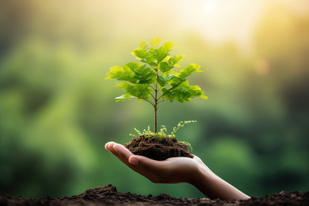 World environment day concept: Human hands holding big tree over blurred abstract beautiful green nature backgroundの素材