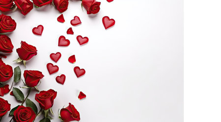 Bouquet of red roses and hearts on white background. Valentine's day, banner formatの素材
