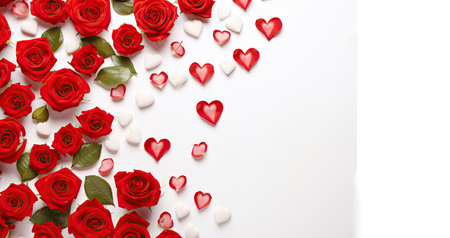 Bouquet of red roses and hearts on white background. Valentine's day, banner formatの素材