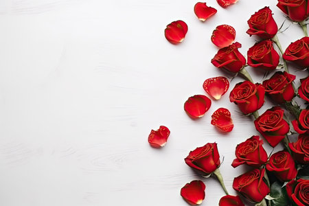Bouquet of red roses and hearts on white background. Valentine's day, banner formatの素材
