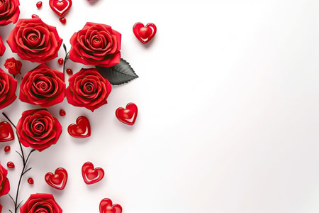Bouquet of red roses and hearts on white background. Valentine's day, banner formatの素材