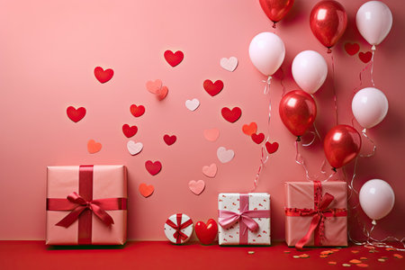 Valentine's Day celebration concept. Top view photo of heart shaped dishes with sweets chocolate jelly candies cookies and confetti on isolated red background with copyspace in the middleの素材