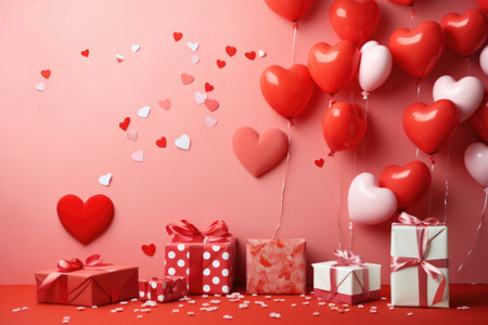 Valentine's Day celebration concept. Top view photo of heart shaped dishes with sweets chocolate jelly candies cookies and confetti on isolated red background with copyspace in the middleの素材