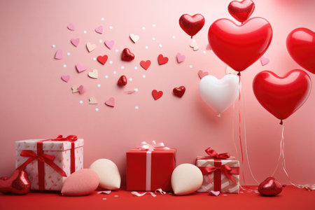 Valentine's Day celebration concept. Top view photo of heart shaped dishes with sweets chocolate jelly candies cookies and confetti on isolated red background with copyspace in the middleの素材