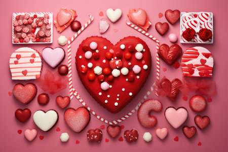 Valentine's Day celebration concept. Top view photo of heart shaped dishes with sweets chocolate jelly candies cookies and confetti on isolated red background with copyspace in the middleの素材