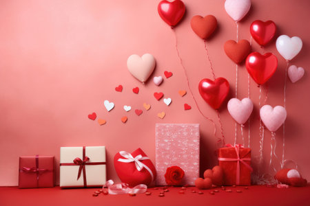 Valentine's Day celebration concept. Top view photo of heart shaped dishes with sweets chocolate jelly candies cookies and confetti on isolated red background with copyspace in the middleの素材