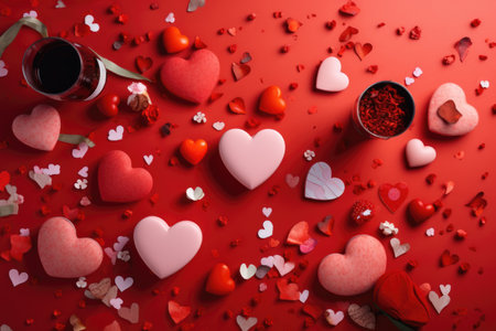 Valentine's Day celebration concept. Top view photo of heart shaped dishes with sweets chocolate jelly candies cookies and confetti on isolated red background with copyspace in the middleの素材