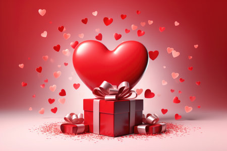 Paper art Valentine's day concept banner with hand made gift box, paper cut ribbon, bow, and a lot of hearts on a red background with space for text.の素材