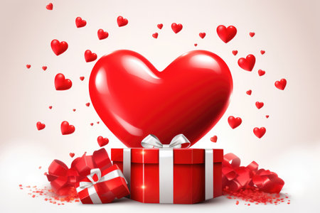 Paper art Valentine's day concept banner with hand made gift box, paper cut ribbon, bow, and a lot of hearts on a red background with space for text.の素材