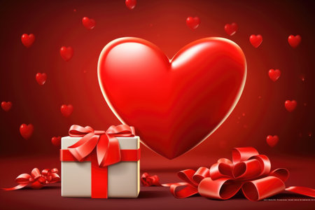Paper art Valentine's day concept banner with hand made gift box, paper cut ribbon, bow, and a lot of hearts on a red background with space for text.の素材