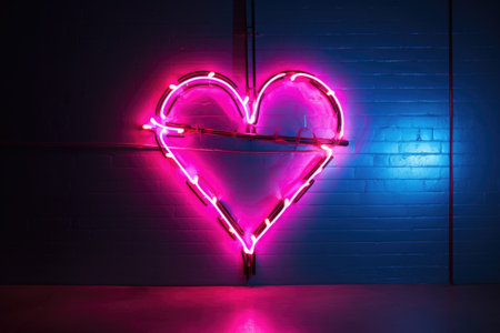 Bright heart. Neon sign. Retro neon heart signboard on purple background. Design element for Happy Valentine's Day. Ready for your design, greeting card. illustration.の素材